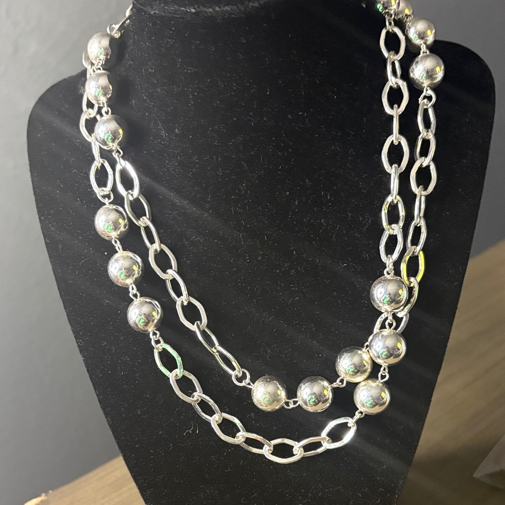 Silver Double-Strand Beaded Chain Necklace - Women Jewelry